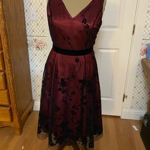 Formal Evening Dress Dark Red with Black Chiffon Lace over top size 12
